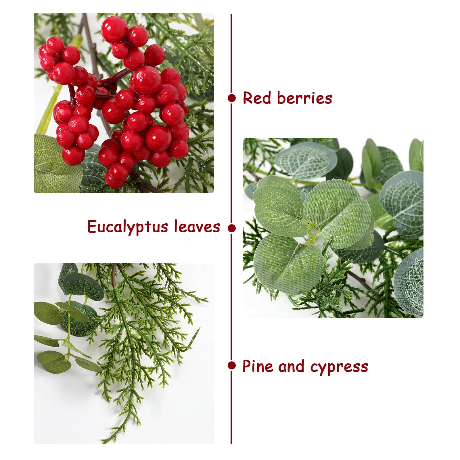 Guirlande de cèdre d'eucalyptus artificiel de 1,8 m avec baies rouges, faux cyprès de verdure pour cheminée, table, décoration de Noël d'hiver