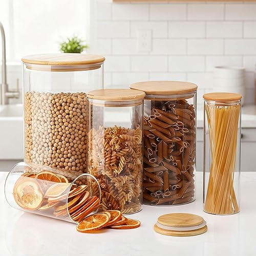 Miniatura 7 de LemonRoad Paquete de 5 tarros de almacenamiento de vidrio herméticos con tapas de bambú de 152 onzas, 61 onzas, 46 onzas, 25 onzas, 19 onzas,