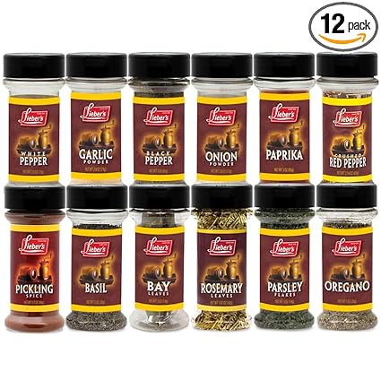Lieber's Spice Set, Starter Seasoning & Herb 12 Piece Gift Set, Onion & Garlic Powder, Black, White, Crushed Red Pepper, Paprika, Oregano, Basil, Parsley, Bay, Rosemary, Pickling Kosher, Made in USA