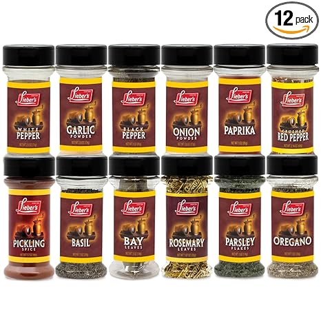 Lieber's Spice Set, Starter Seasoning & Herb 12 Piece Gift Set, Onion & Garlic Powder, Black, White, Crushed Red Pepper, Paprika, Oregano, Basil, Parsley, Bay, Rosemary, Pickling Kosher, Made in USA