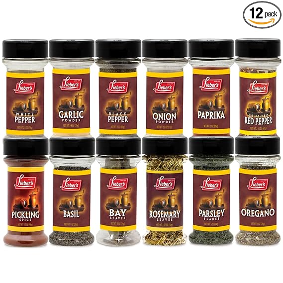 Lieber's Spice Set, Starter Seasoning & Herb 12 Piece Gift Set, Onion & Garlic Powder, Black, White, Crushed Red Pepper, Paprika, Oregano, Basil, Parsley, Bay, Rosemary, Pickling Kosher, Made in USA