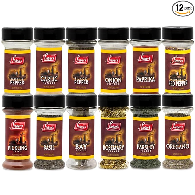 Lieber's Spice Set, Starter Seasoning & Herb 12 Piece Gift Set, Onion & Garlic Powder, Black, White, Crushed Red Pepper, Paprika, Oregano, Basil, Parsley, Bay, Rosemary, Pickling Kosher, Made in USA