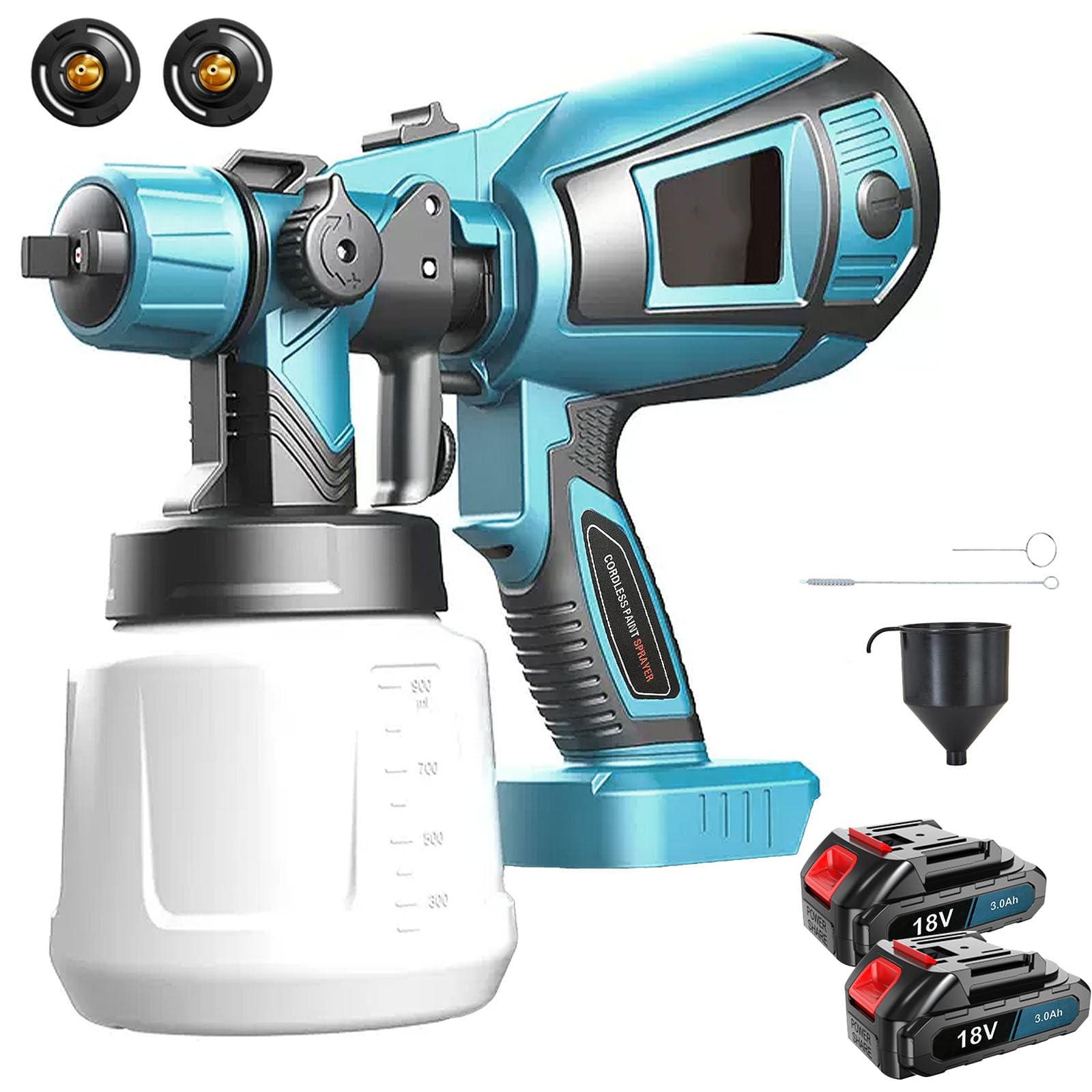 Sistema de pulverización de pintura, batería eléctrica, repuesto para batería makita, 3 patrones de pulverización de 1000 ml, depósito de pintura, 3 boquillas (1/1,8/2,5 mm), pistola de pintura