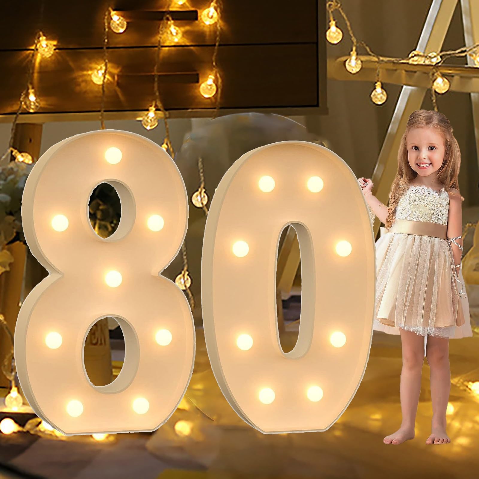 LED Letter Number Light Sign, Mosaic Number with Lights Cardboard Numbers Letters, LED Indoor Lights Numbers for Anniversary Decorations, Confession Wedding Party Decor (Color : Number 80, Size : 27