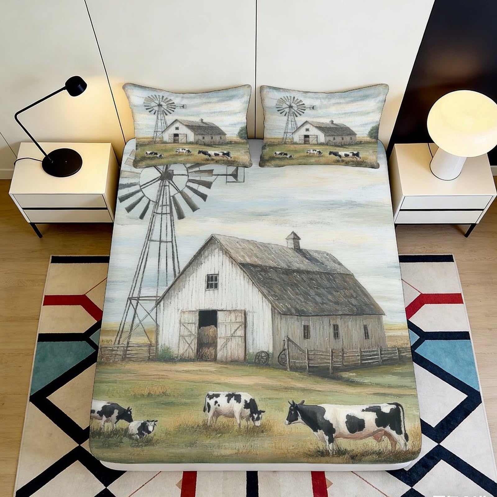 3D Printed Farmhouse Barn Fitted Sheet Microfiber Soft Country Pastoral Cow Mattress Cover Bedroom Decor 90x200x25cm