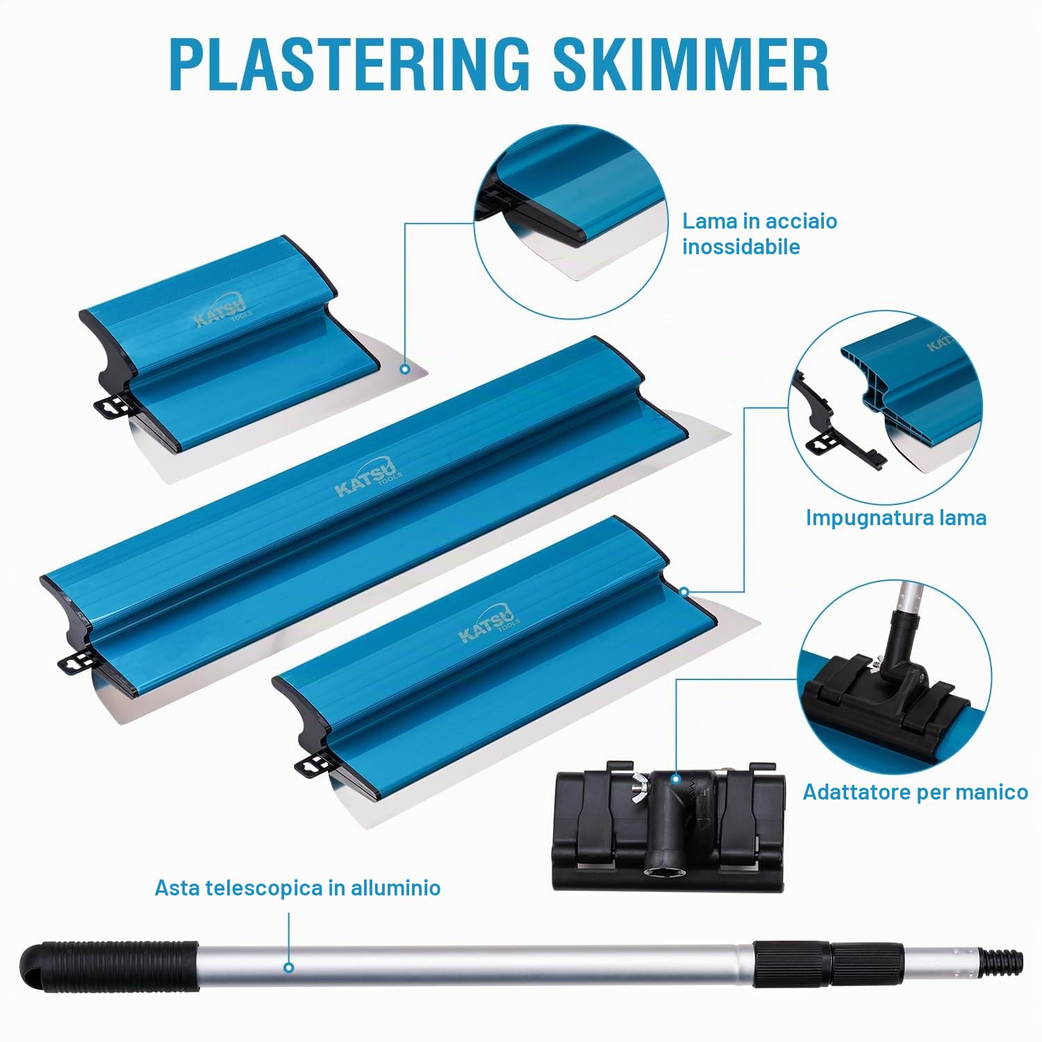 KATSU Tools Spatole per Stucco Kit, Frattazzo per Stucco in Acciaio Inox da 25+40+60 cm, Spatola di Finitura per Intonacare Pareti e Soffitti