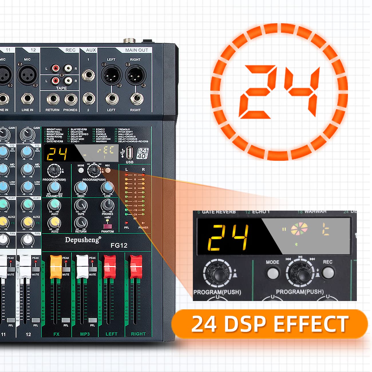 Depusheng FG12 - Mixer audio professionale a 12 canali per la registrazione del computer, interfaccia controller audio, mixer da studio 24 DSP integrato con alimentazione phantom da 48 V,Bluetooth
