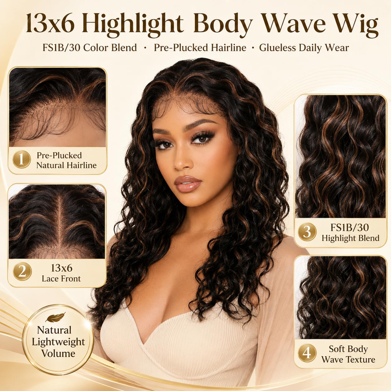 13x6 Body Wave Lace Front Wig Human Hair, Off Black Auburn Brown Highlight Wig for Women, Pre Plucked Natural Hairline, Glueless Daily Wear 16 Inch FS1B/30