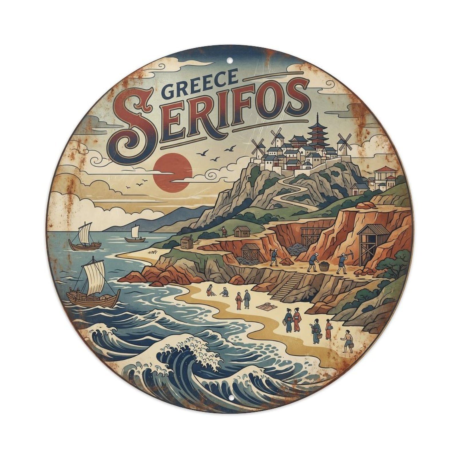 Serifos Mining Greek Japanese Style Classic Scenery Metal Tin Sign Plaque Wall Decor for Cafe, Man Cave, Club Bar, Office, Home Garden Round Metal Poster 8x8Inch
