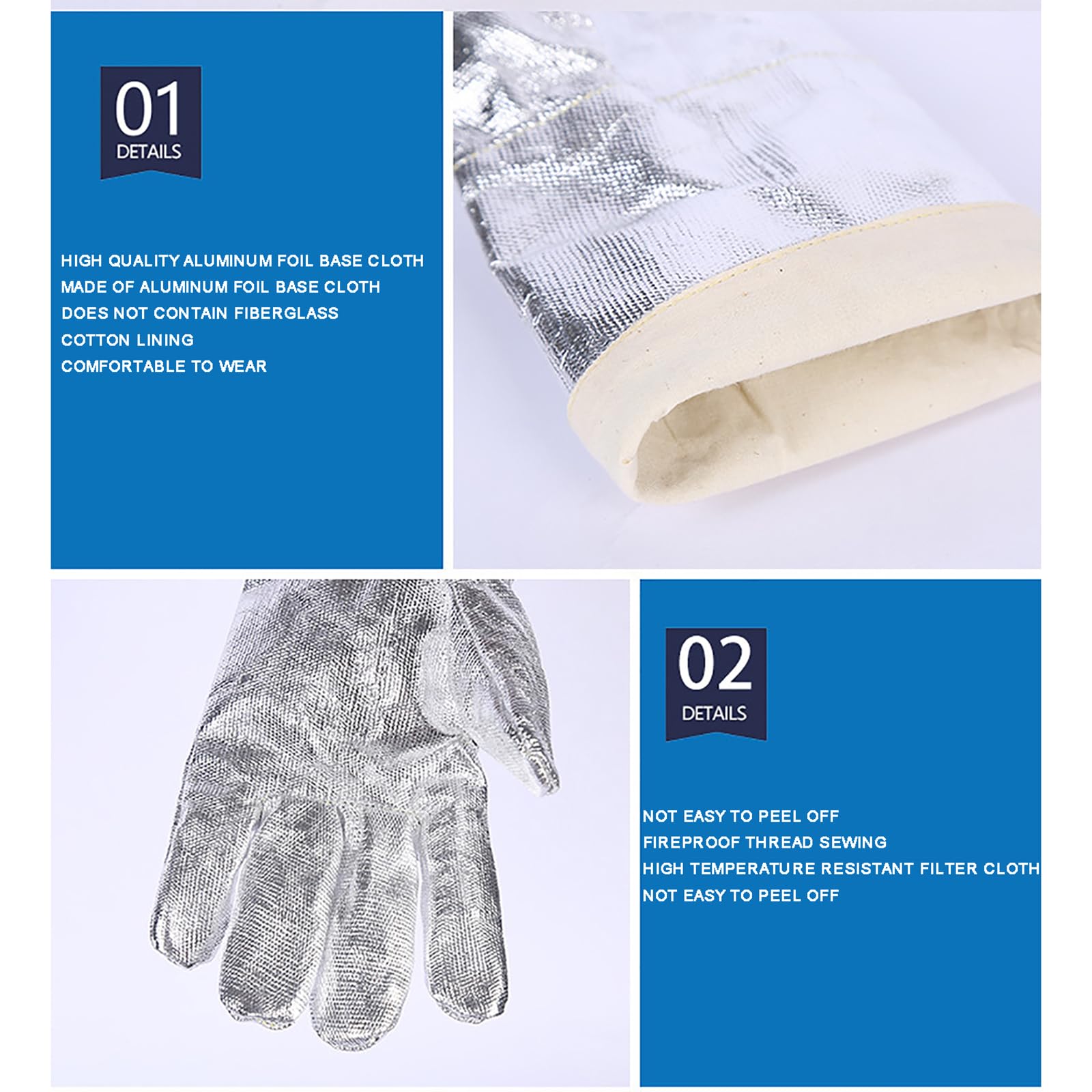 2 pares de guantes aluminizados de alta temperatura, resistentes a temperaturas de 500 ℃, resistentes al calor, para soldar, de seguridad, para acería, fundición, chimeneas, barbacoas y jardinería