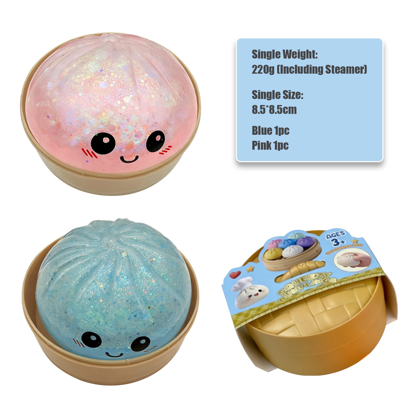 2 Piezas Giant Glitter Dumpling Squishy - Glitter Dumplings con Recipiente de Vapor Squishy Antiestrés para Adultos Y Adolescentes — view 2