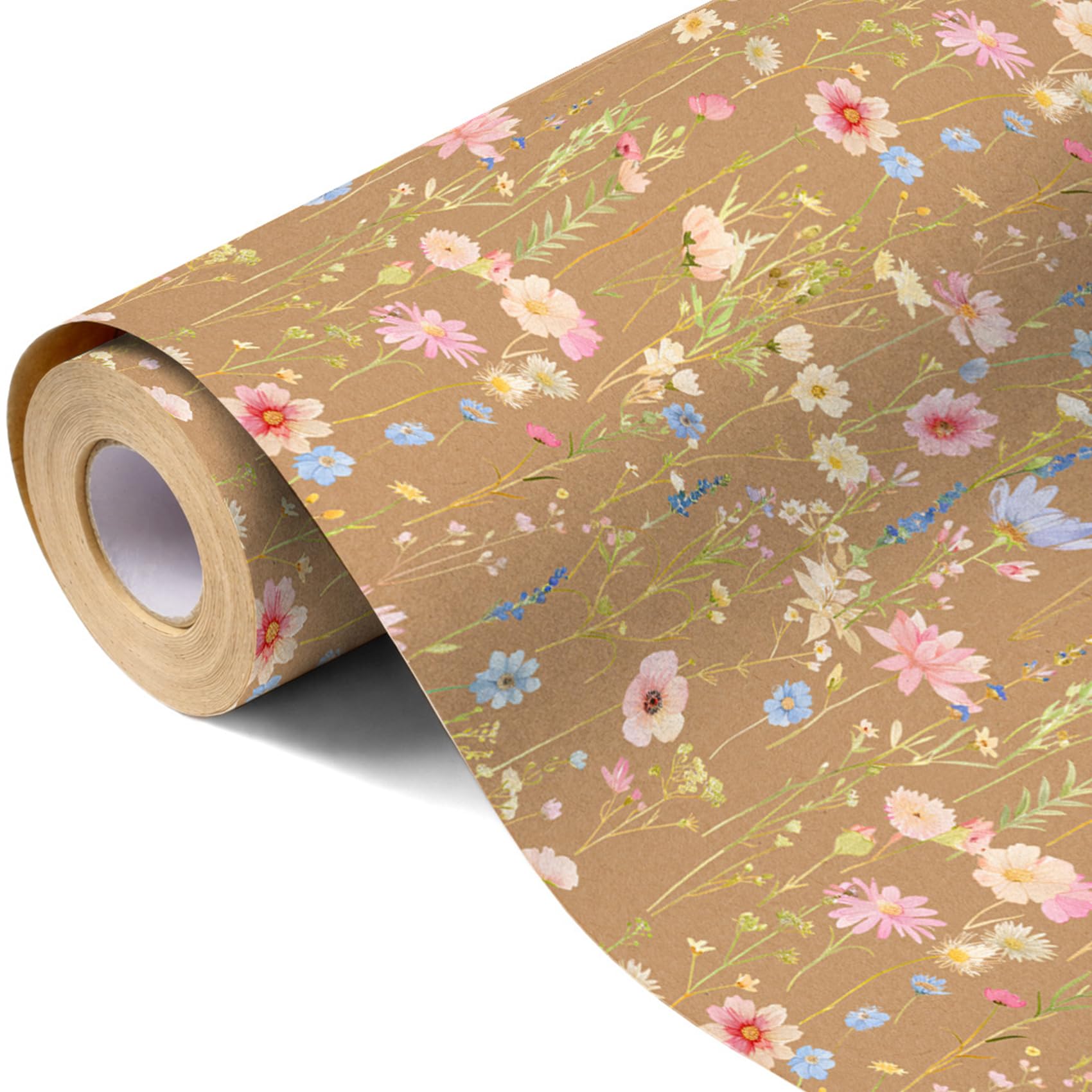 43cm x 10m Floral Wrapping Paper Brown Roll Rustic Flower Gift Wrapping Paper for Birthday Wedding Anniversary Presents & Craft Use(Pink Flower)
