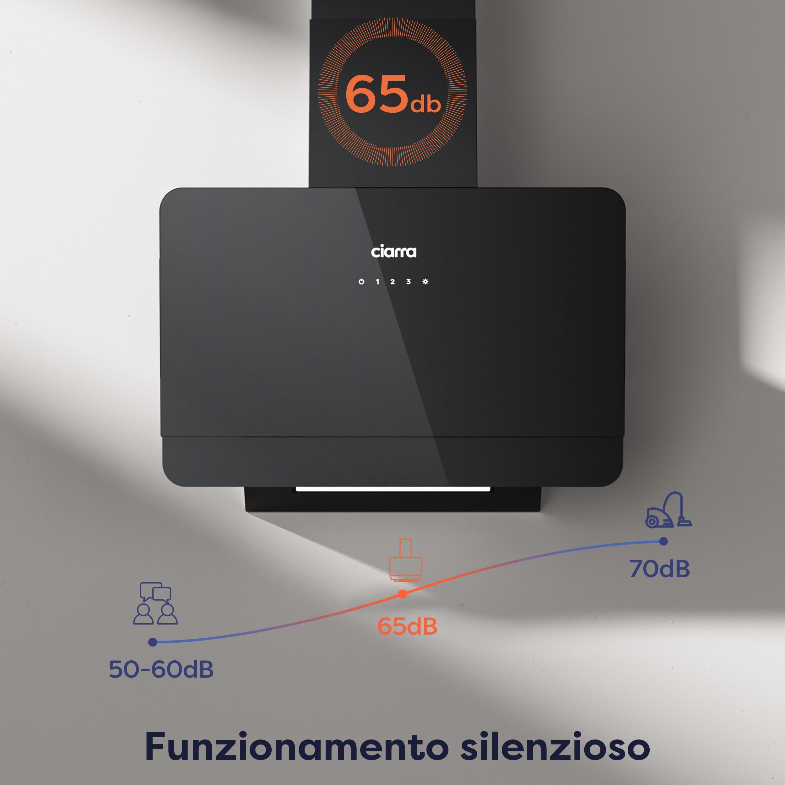 Ciarra CBCB6765C Cappa Aspirante 60cm - Classe A+ - 580m³/h - 3 Velocità - Filtri a Carbone CBCF055 Inclusi - Cappa Inclinata Scarico o Ricircolo - Nera