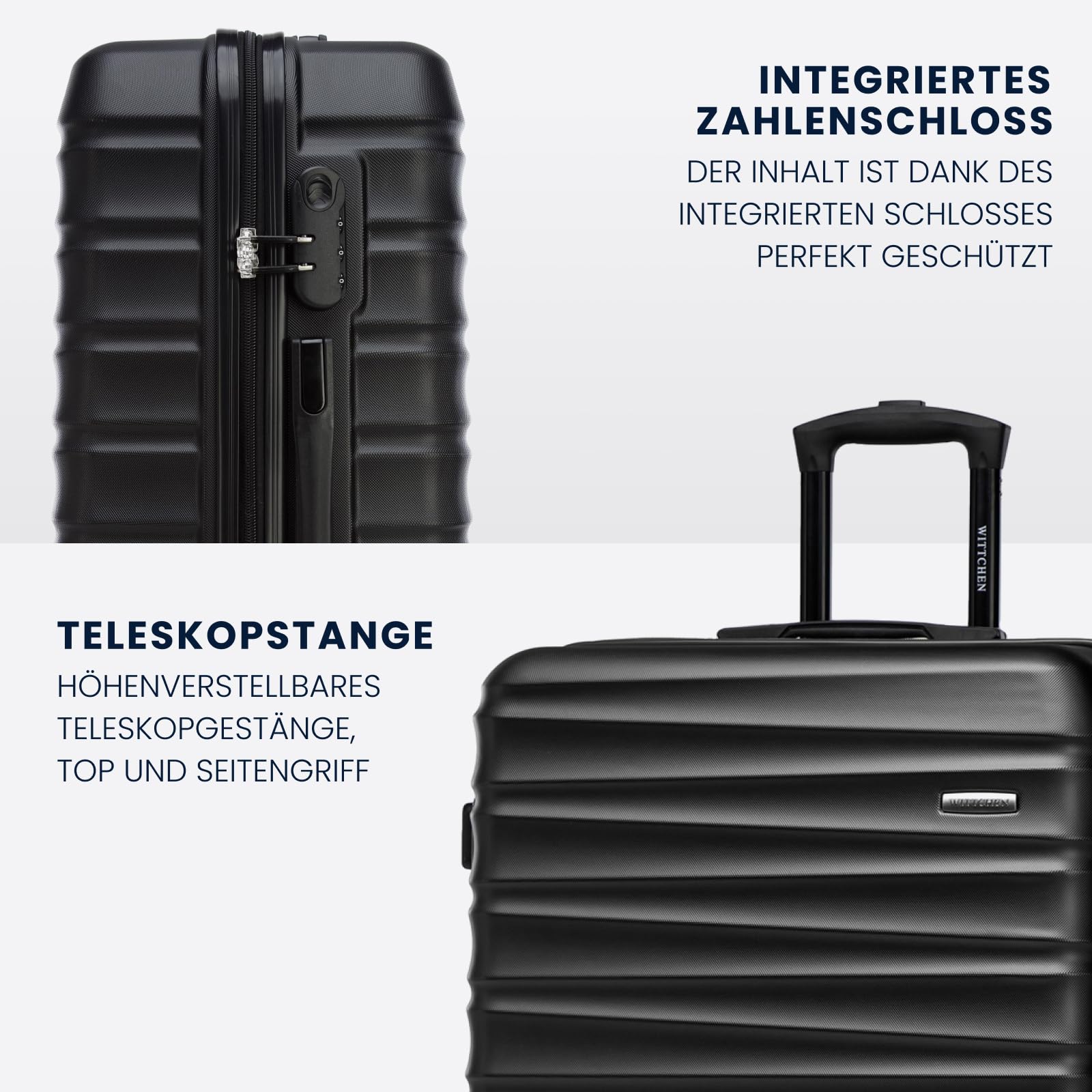 WITTCHEN Reisekoffer Hartschale ABS Große L Check-In Gepäck 4 Spinner-Rollen Zahlenschloss Groove Line Schwarz