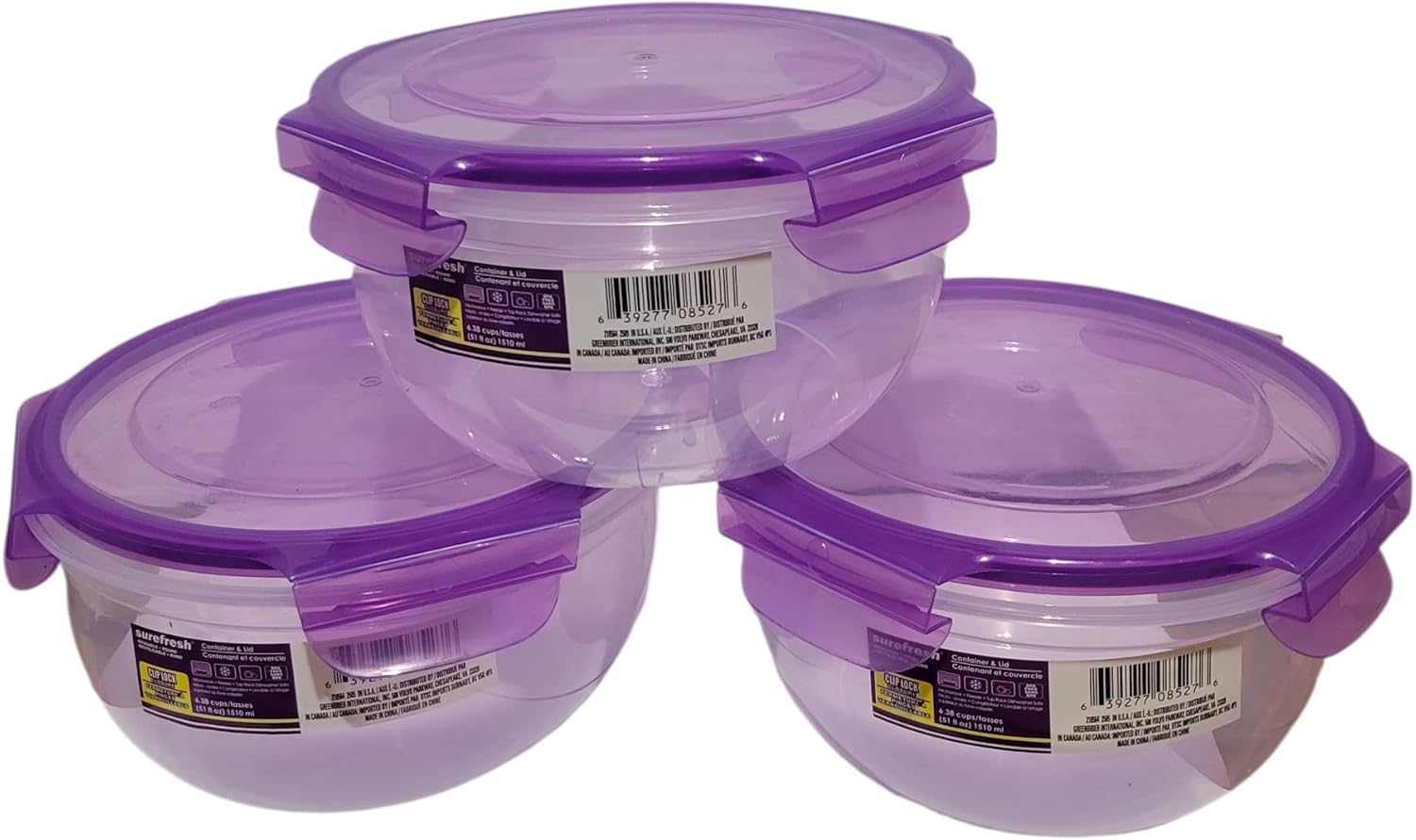 3 Piece Round Reusable Plastic Storage Bowls with Clip-Lock Closure Lids, 51 oz each