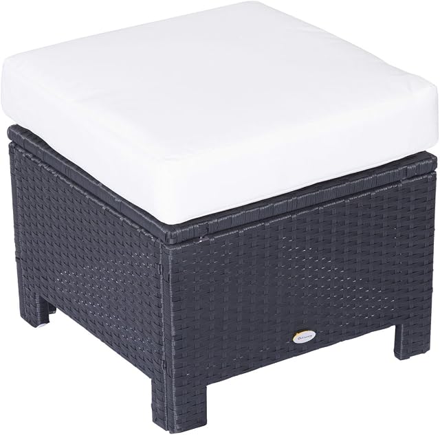 Outsunny Rattan Footstool Wicker Ottoman with Padded Seat Cushion Outdoor Patio Furniture for Backyard Garden Poolside Living Room 50 x 50 x 35 cm Black