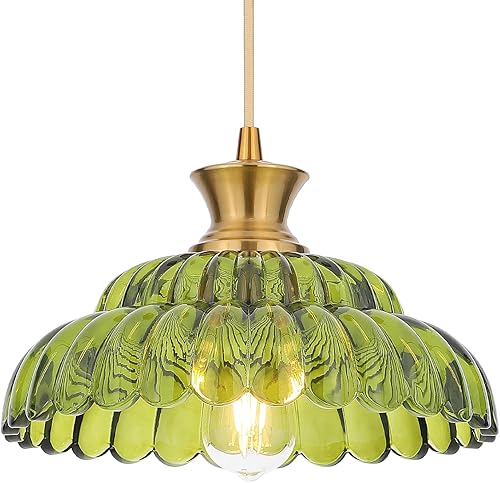 Luces colgantes de vidrio verde, 11.8 pulgadas, iluminación vintage, lámparas de vidrio dorado cepillado, lámpara de techo colgante para cocina,