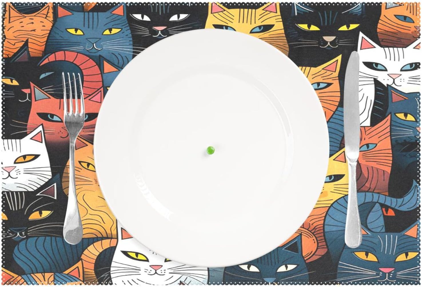 Placemats Set for 6, Dining Table PVC 12x18 Inch Indoor Outdoor Table Mats Heat Resistant Washable Waterproof Vinyl Cat (4) Decorative Placemats