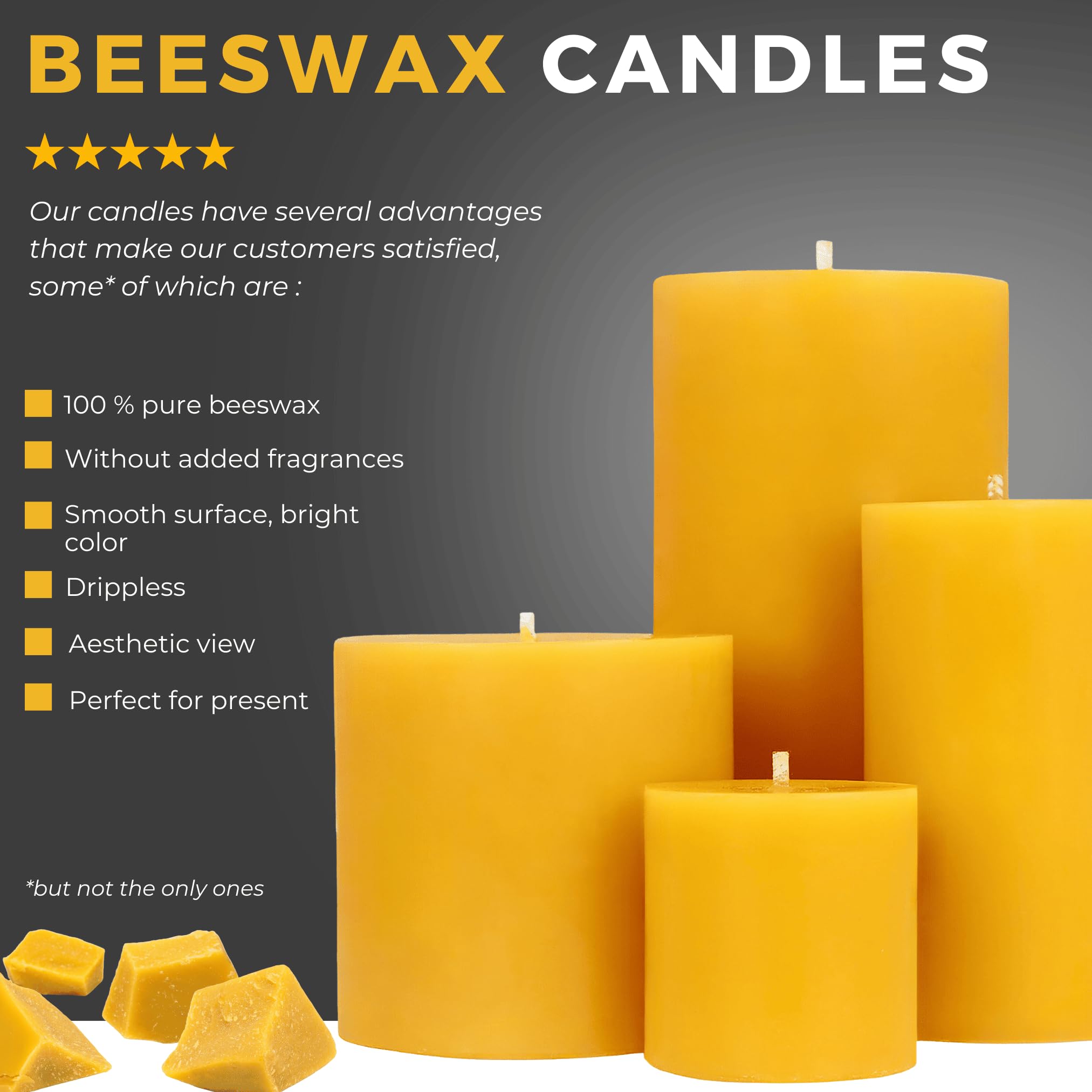 Danilovo Velas de Cera de Abeja Natural 100% Pura – Velas Decorativas Grandes para un Hogar Acogedor – Aroma a Cera de Abeja Natural que da Confort Diario (2 pz, 5x10 cm, 35 horas)