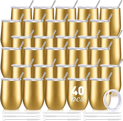 Sieral Paquete de 40 vasos de vino aislados de 12 onzas, taza de café de vino inoxidable con tapa, popote de doble pared al vacío para empleados,