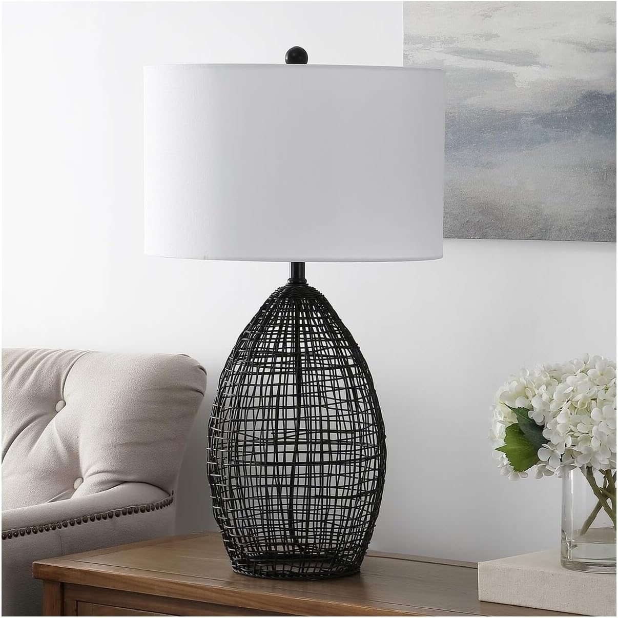 SAFAVIEH Lighting Collection Edren Modern Black Rattan 30-inch Table Lamp (LED Bulb Included)