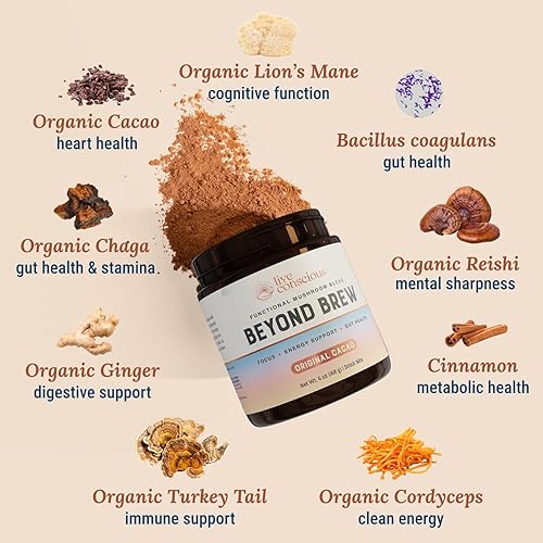 Miniatura 7 de Live Conscious Beyond Brew - Alternativa al café - Baja cafeína - Complejo de hongos con melena de león, Reishi, Cordyceps y Chaga para un enfoque