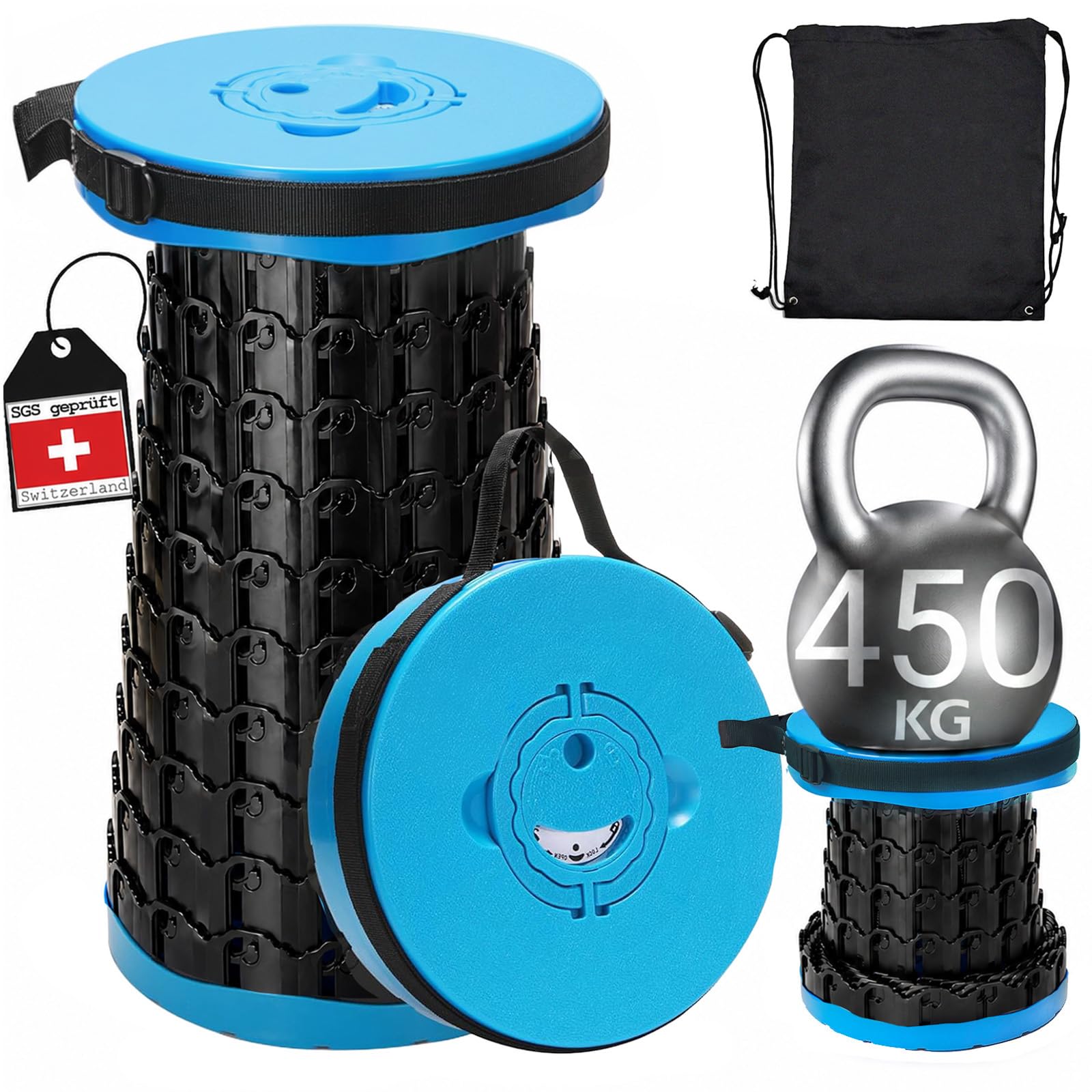 COOLYNX Przenośny mini teleskopowy stołek składany, ulepszony, grubszy stołek, obciążenie 450 kg, lekki, składany, idealny na kemping, do wędkowania, wędrówek, grillowania (niebieski)
