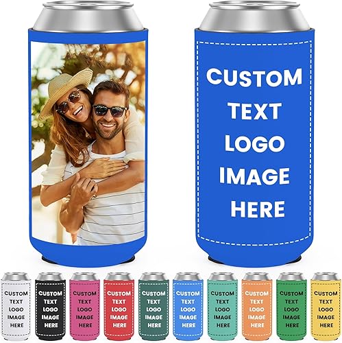 Paquete de 10 enfriadores de latas de neopreno con aislamiento a granel, soporte personalizado para bebidas con logotipo y foto, texto para