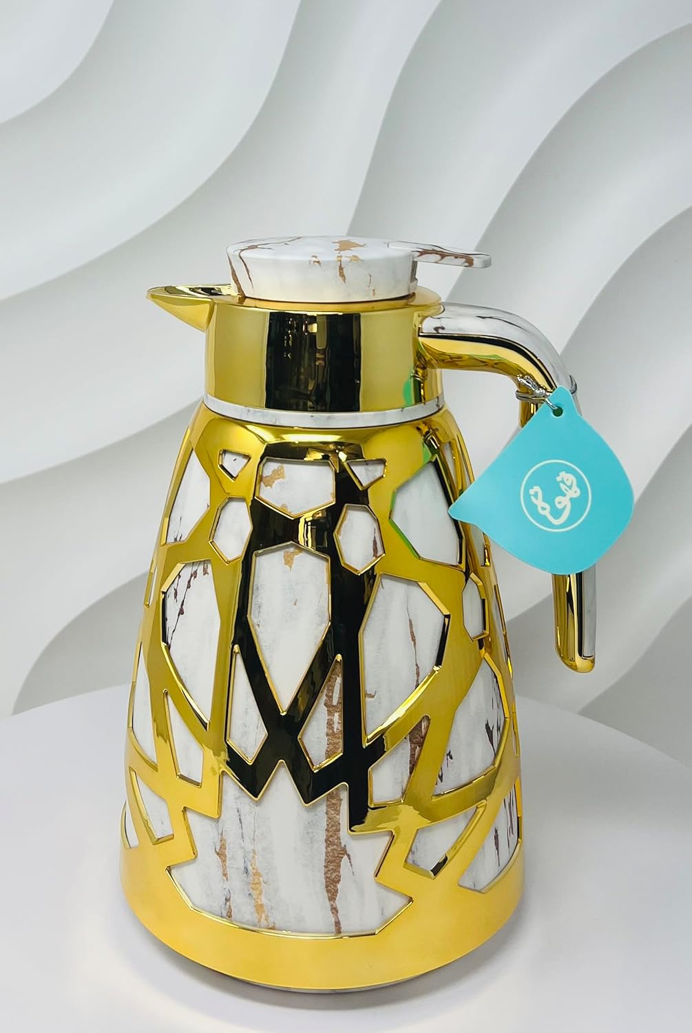 Luxury Thermal Carafe, MARBLE BLACK and Gold Design, Geometric Pattern, 1L Capacity