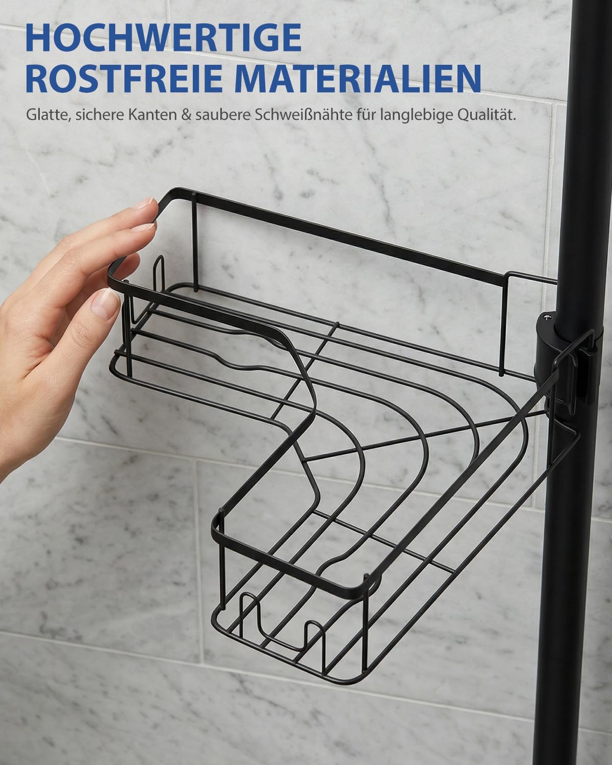 Sekey Mensola per doccia senza foratura, telescopica, con sistema a clic e 4 cestini, mensola angolare per doccia regolabile in altezza 79-315 cm, stabile mensola da bagno per bagno