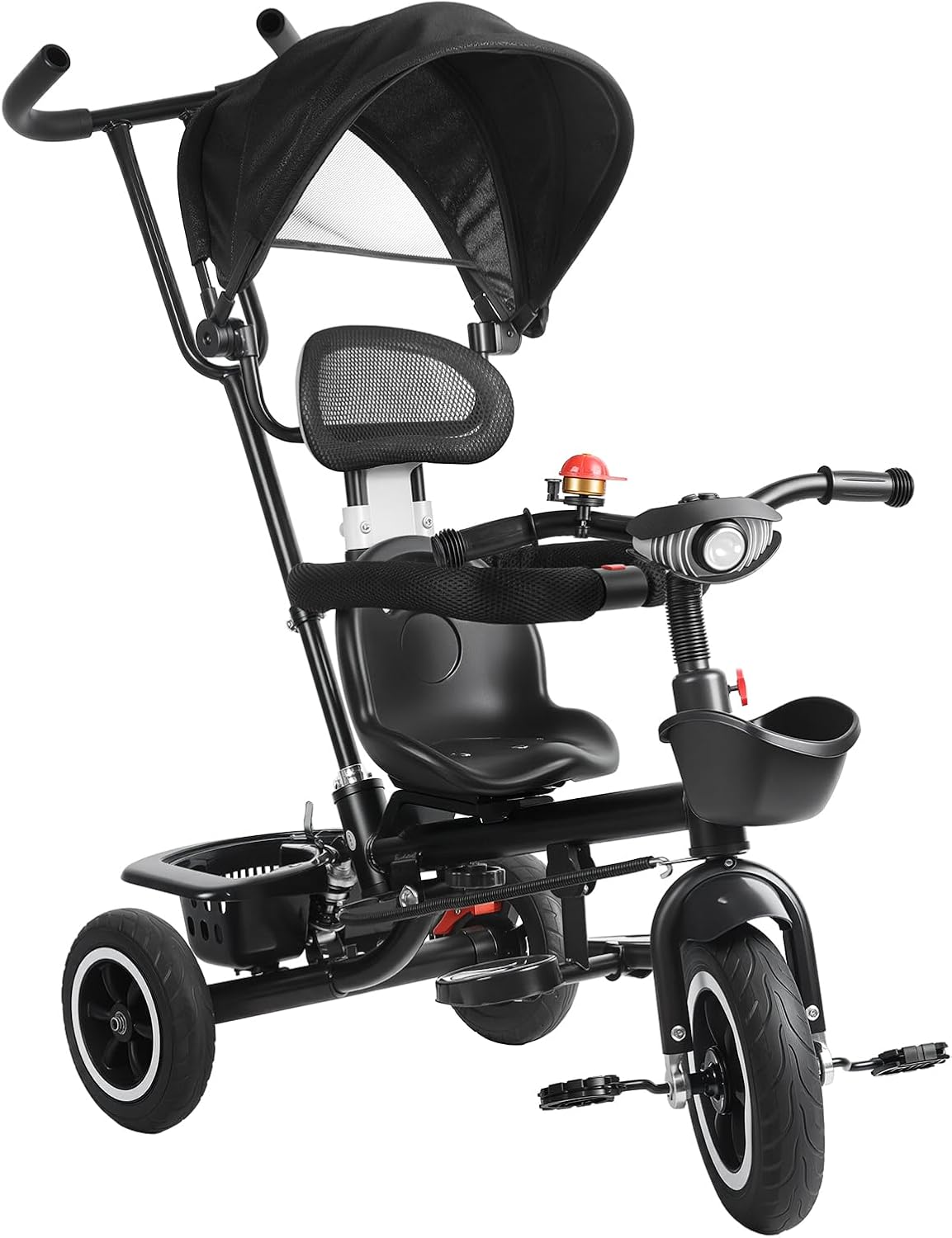 Children Trike, Kids Tricycle with Adjustable Push Handle, Removable Canopy, Safety Harness, Music Headlight, Storage Basket, Kid Push Bike for 3-6 Years Old (Black 2)