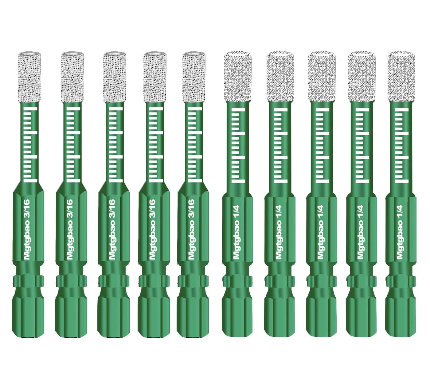 Mgtgbao 10pc Green Dry Diamond Drill Bits Set，5pc 3/16’’ 5mm & 5pc 1/4’’ 6mm Core Drill Bit for Porcelain Tile Ceramic Concrete Granite Marble Hard Materials (not for Wood)