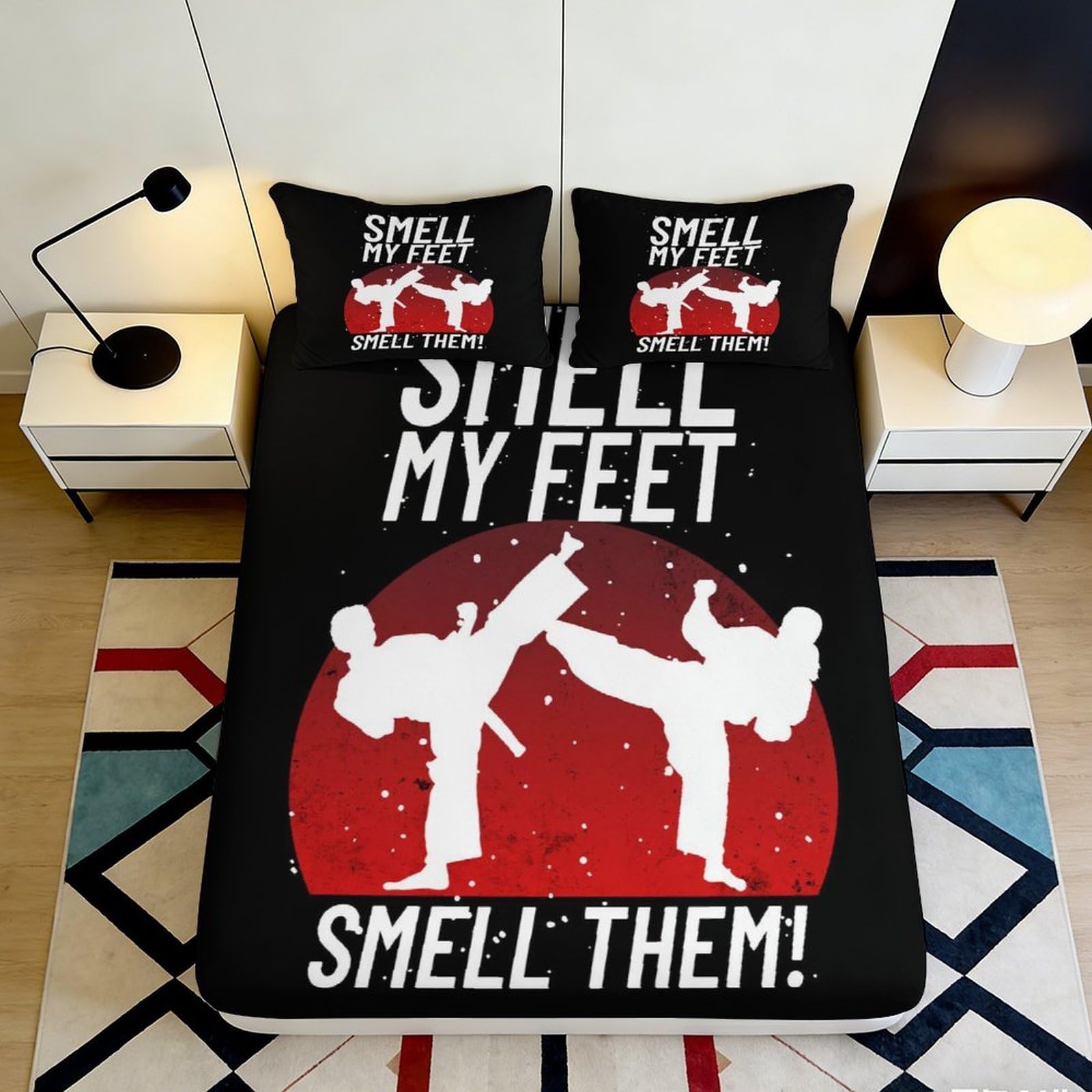 3D Printed Karate Fighter Fitted Sheet Microfiber Black Red Martial Arts Bed Cover for Bedroom Dorm Decor 90x200x25cm