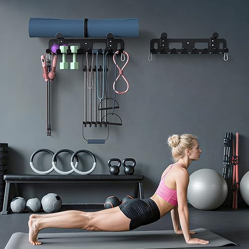 Miniatura 7 de KHAMAL Estante de almacenamiento multiusos para equipos de gimnasio para bandas de resistencia, almacenamiento de pared de gimnasio para bandas de