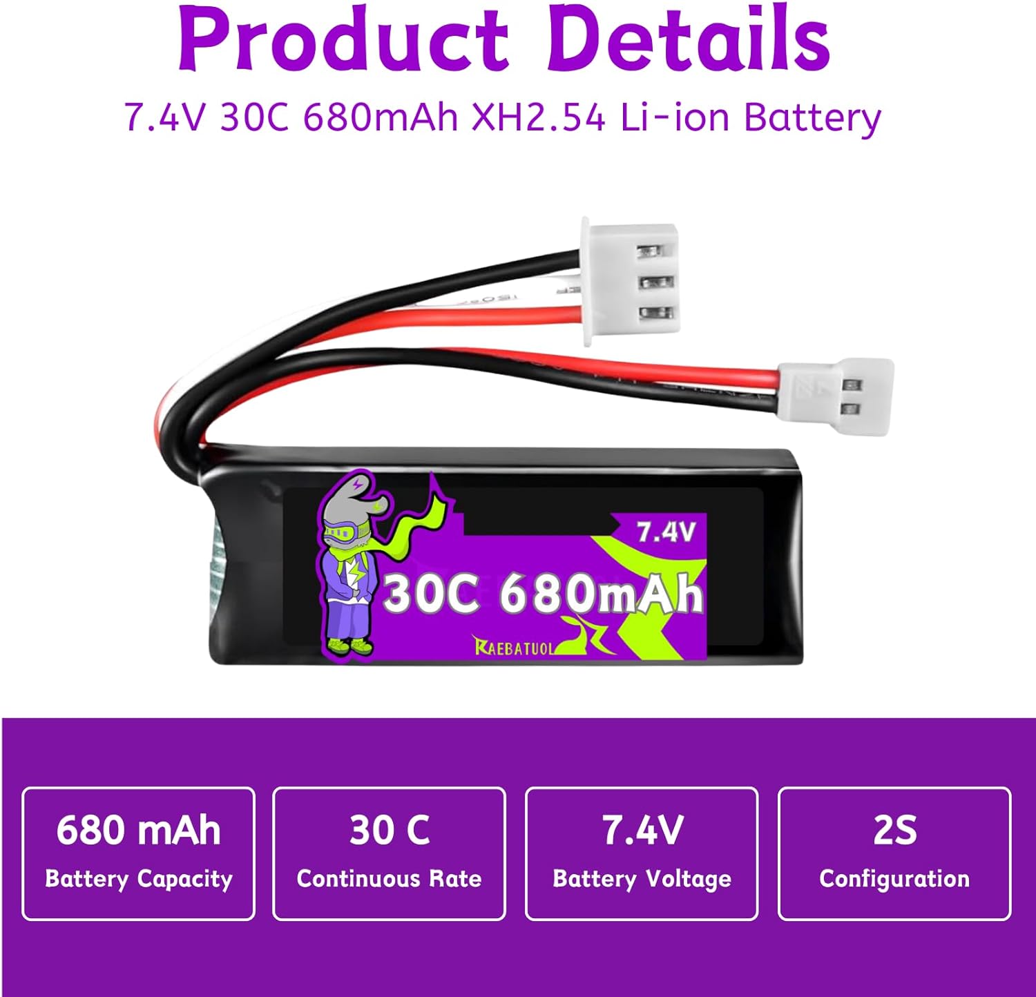 FMS FCX24 Atlas RC Car 7.4V 680mAh 30C Lipo Battery with XH2.54/Molex Plug Fit for FCX24 Atlas RC Car, Truck, Truggy with 2 in 1 USB Charger