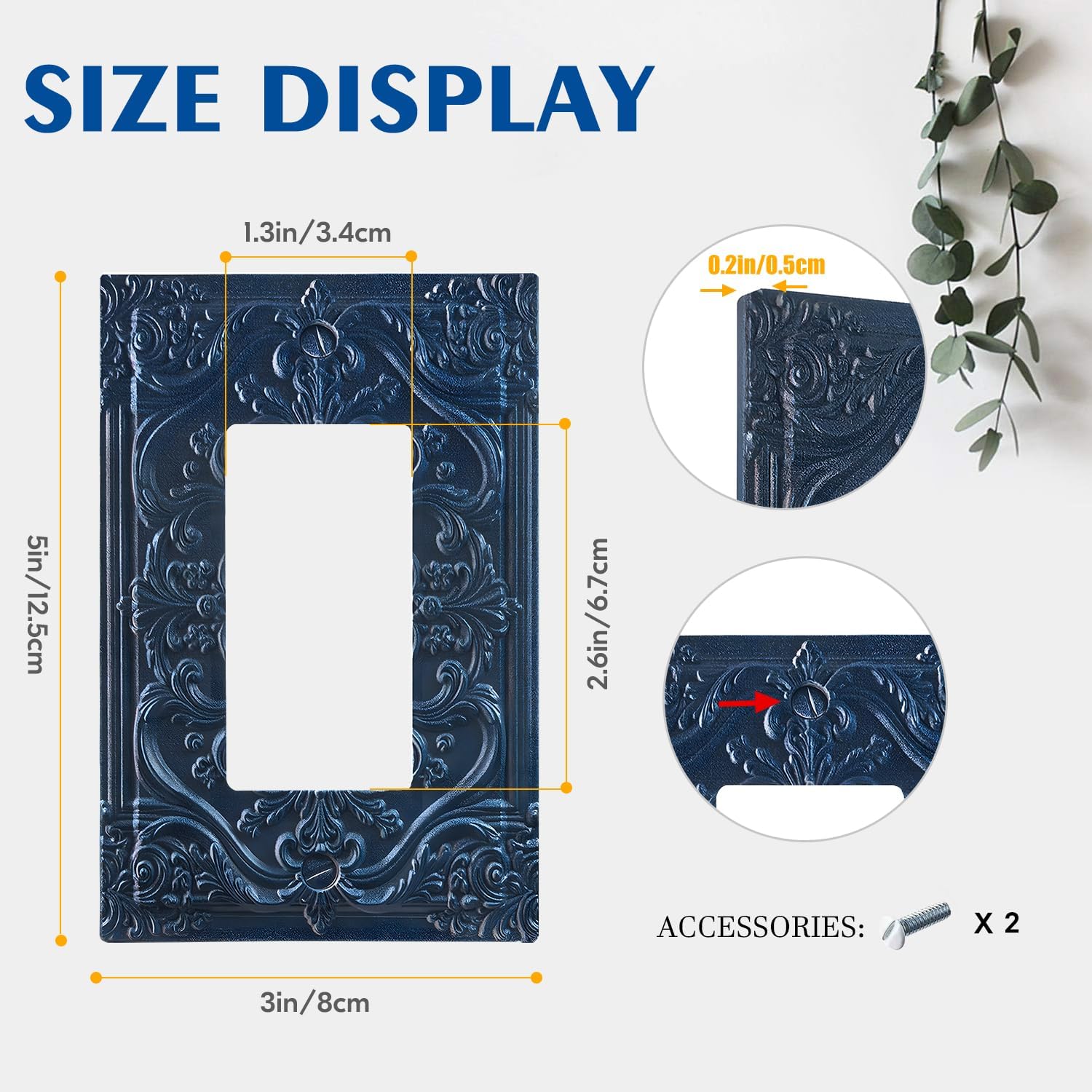 Decorative Outlet Covers Navy Blue 3D Vintage Floral Embossed 1 Gang Rocker Light Switch Cover Plate Single Decora Light Switch Covers Wall Plate Faceplate for Bedroom Home Decor image 3