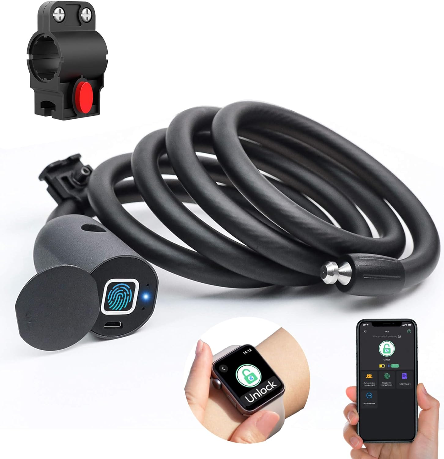 eLinkSmart Fingerprint Cable Lock, 4.9FT Long Heavy Duty Anti Theft Bike Lock, Weatherproof Keyless Electronic Digital Biometric Bluetooth Smart Lock for Bicycle Scooter Lawnmower Skateboard – Black