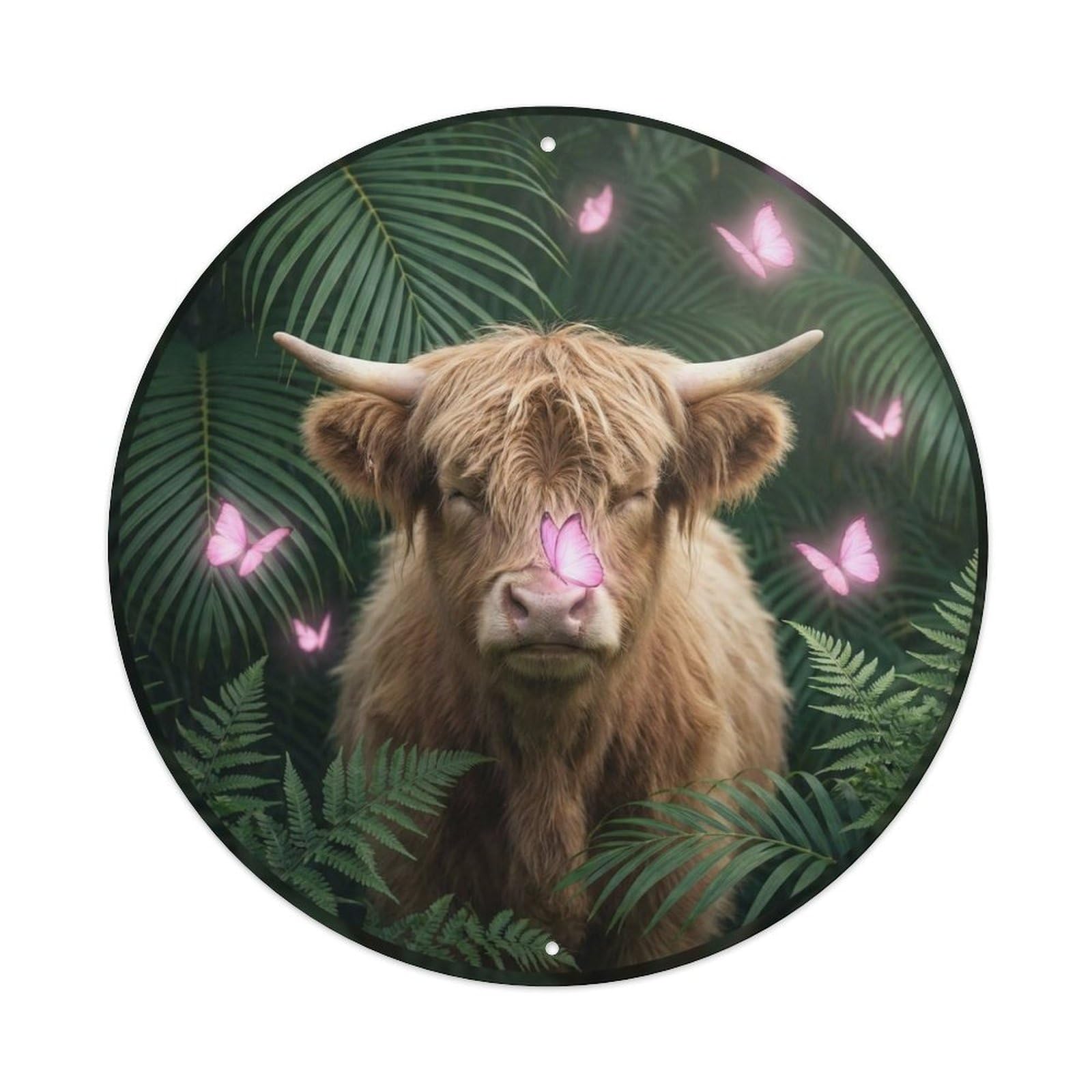 Highland Calf Pink Butterfly Rustic Farm Animal Pastel Meadow Metal Tin Sign Plaque Wall Decor for Cafe, Man Cave, Club Bar, Office, Home Garden Round Metal Poster 8x8Inch