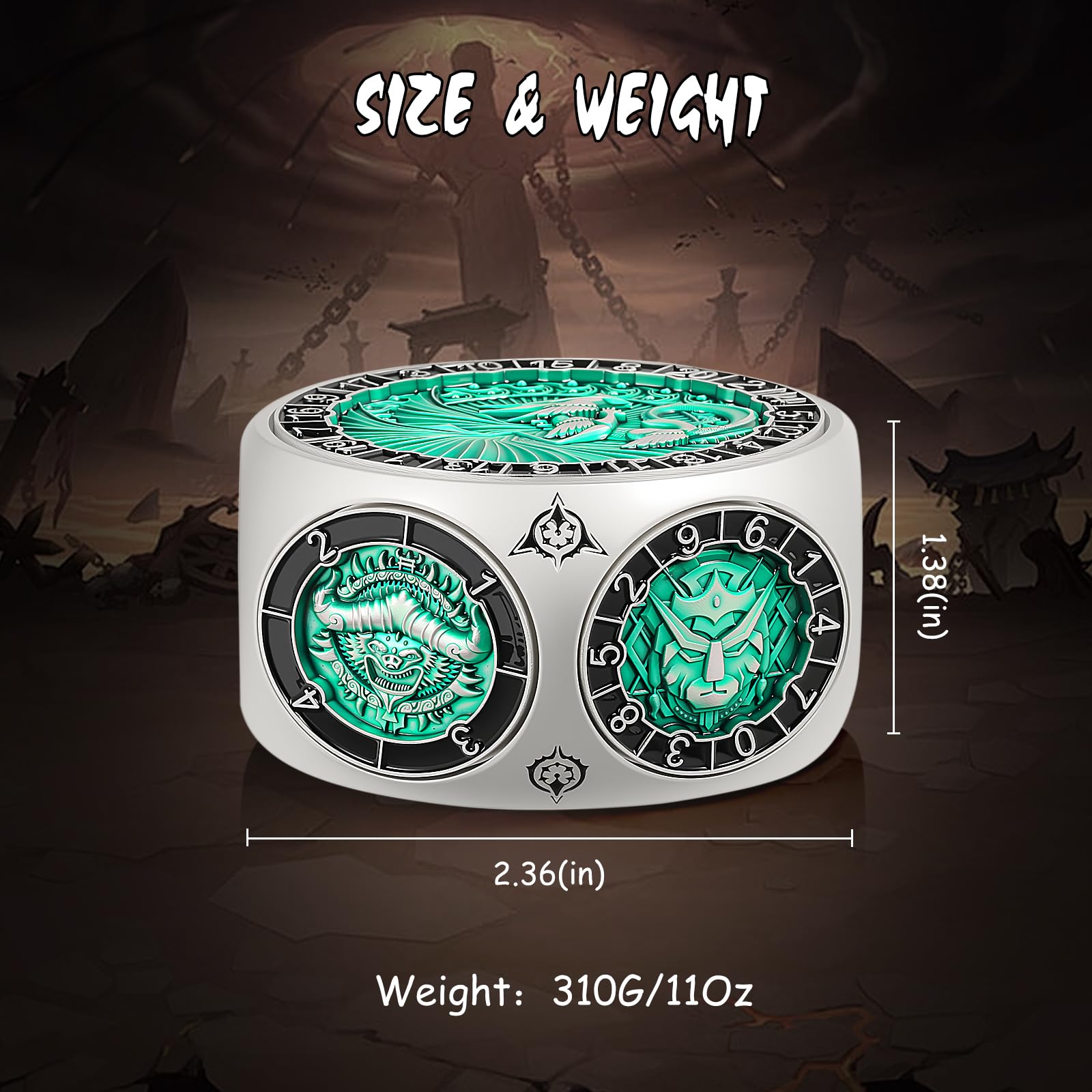 DNDND Dés hexagonaux en métal 8 en 1 avec double D20 sur le thème des monstres pour DND Donjons et Dragons, maîtres de donjons avec boîte cadeau à collectionner (argenté et vert)