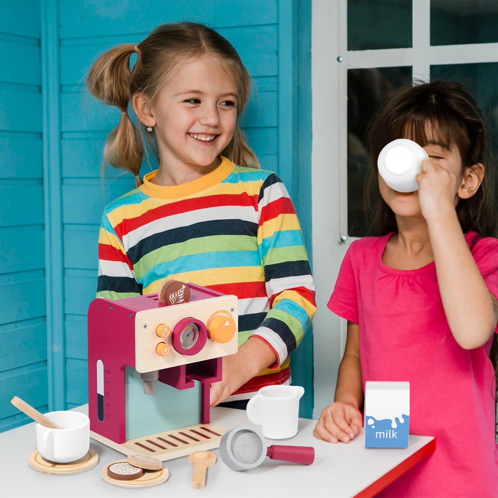 GAGAKU Macchina da caffè in legno per bambini dai 3 anni in poi con lattiera e accessori, giocattolo educativo, gioco di ruolo, regalo di compleanno per ragazzi e ragazze