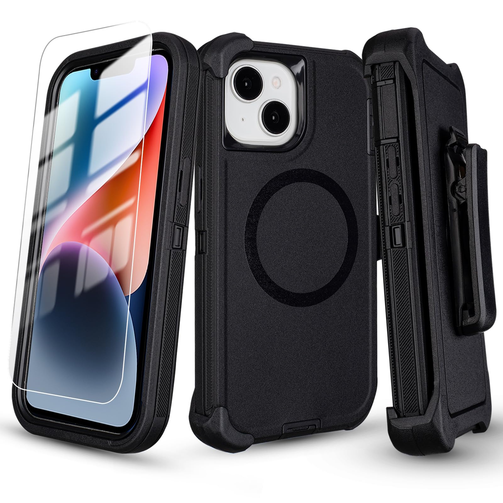 Magnetic for iPhone 14 Case with Belt Clip Holster + Screen Protector | Heavy Duty Full B…