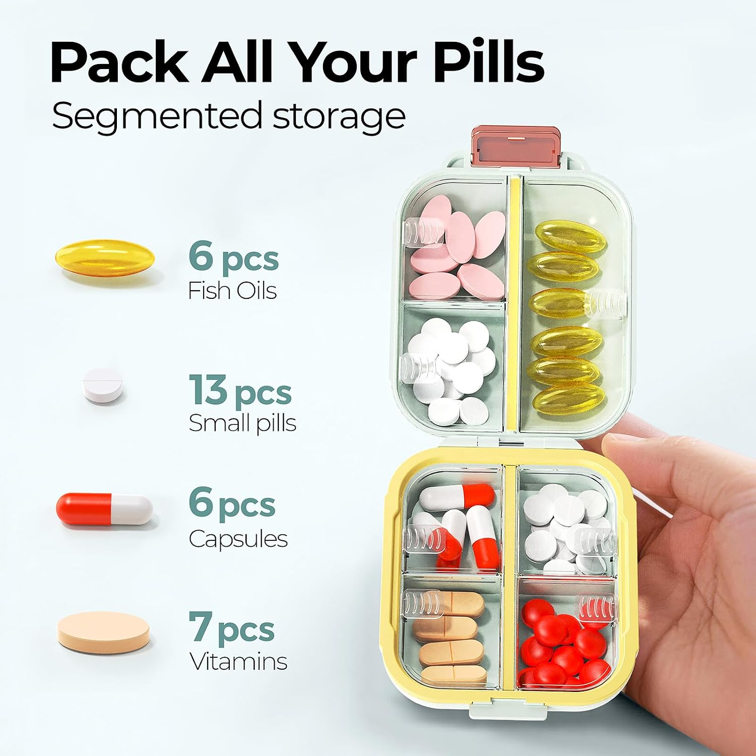 7 Compartments Travel Pill Organizer, Foldable Portable Airtight Daily Pill Box, Compact Pill Case for Purse & Pocket, BPA-Free Medicine Organizer for Vitamins Fish Oil Supplements (Green) image 2