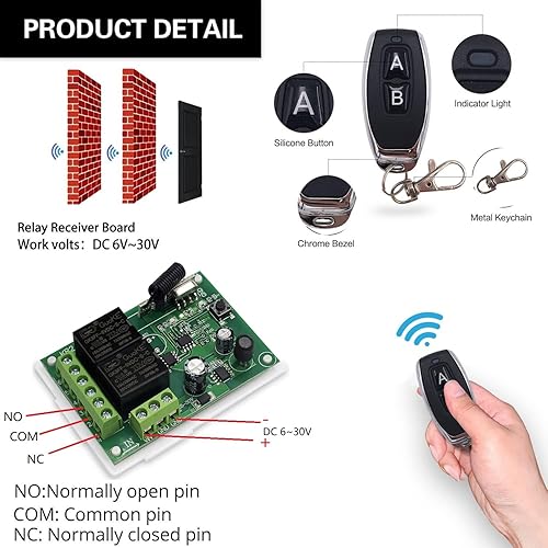 Miniatura 2 de QIACHIP DC 6V 12V 24V 2 canales 10A Relé inalámbrico Interruptor de control remoto, transmisor y receptor RF 433M con palanca momentánea bloqueada,