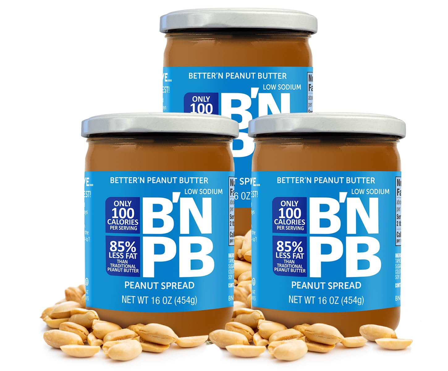 Low Fat and Low-Sodium Peanut Butter Spread by Better’n Peanut Butter, Creamy Low-Calorie Peanut Spread with No Saturated Fat, Gluten Free, Dairy Free, Non GMO, Kosher, Pack of 3, 16 oz. Glass Jars