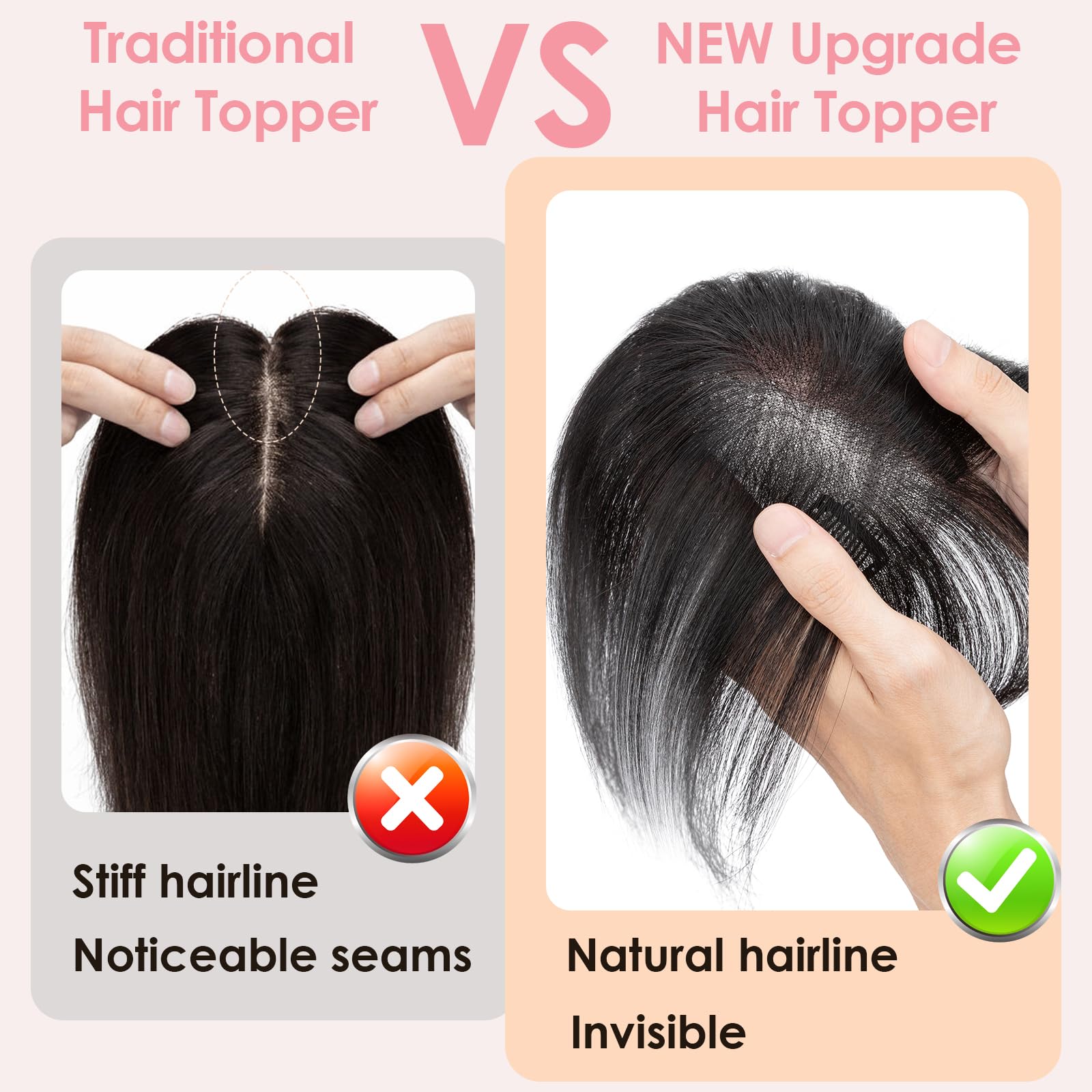 S-noilite Hair Toppers for Women Human Hair with Air Bangs - 7x11cm Hand-stitched Base 360° 3D Coverage Natural 14g (Natural Black #1B) - Image 2