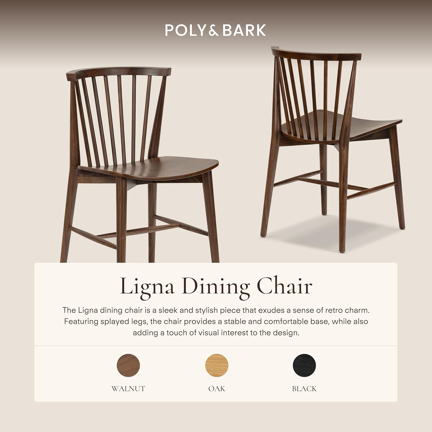 Poly & BARK Ligna Dining Chair Walnut – Mid-Century Inspired Chair with Sculpted Spindle Back – Solid American Walnut Frame and Engineered Wood Veneered Seat – Fully Assembled and Ready to Use
