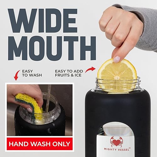 Miniatura 6 de Botellas de agua de vidrio a prueba de fugas de 64 oz - Botella de agua de vidrio grande de borosilicato con popote y marcadores de tiempo - Botella