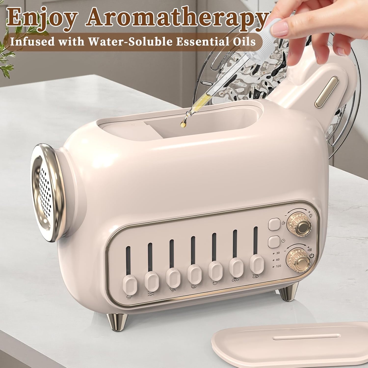 6 in 1 Air Humidifiers for Bedroom Baby, 120 ML Essential Oils Diffusers for Home Office, Ultrasonic Cool Mist Humidifier with Bluetooth Speaker, Projector Light, White Noise, Timer (M8-Cream)