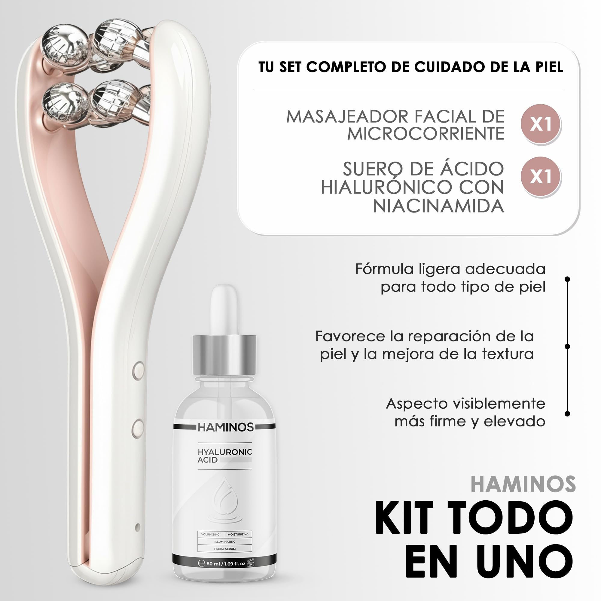 HAMINOS Masajeador Facial con Microcorrientes y Rodillo 3D, 3 Niveles de Intensidad, Masajeador Facial Eléctrico para Lifting, Rostro, Cuello, Brazos y Piernas, OBLIGATORIO USAR CON SERUM