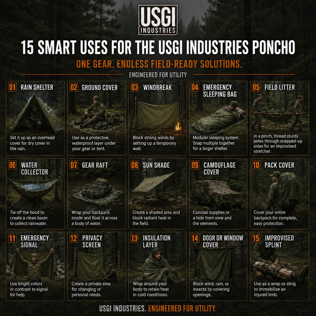 USGI Industries Ponczo w stylu wojskowym, wielofunkcyjne, kamuflażowe ponczo przeciwdeszczowe Rip Stop